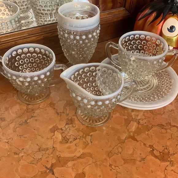 6 Vintage Anchor Hocking Opalescent Moonstone Tumbler Creamer & Sugar Saucers - Picture 1 of 6